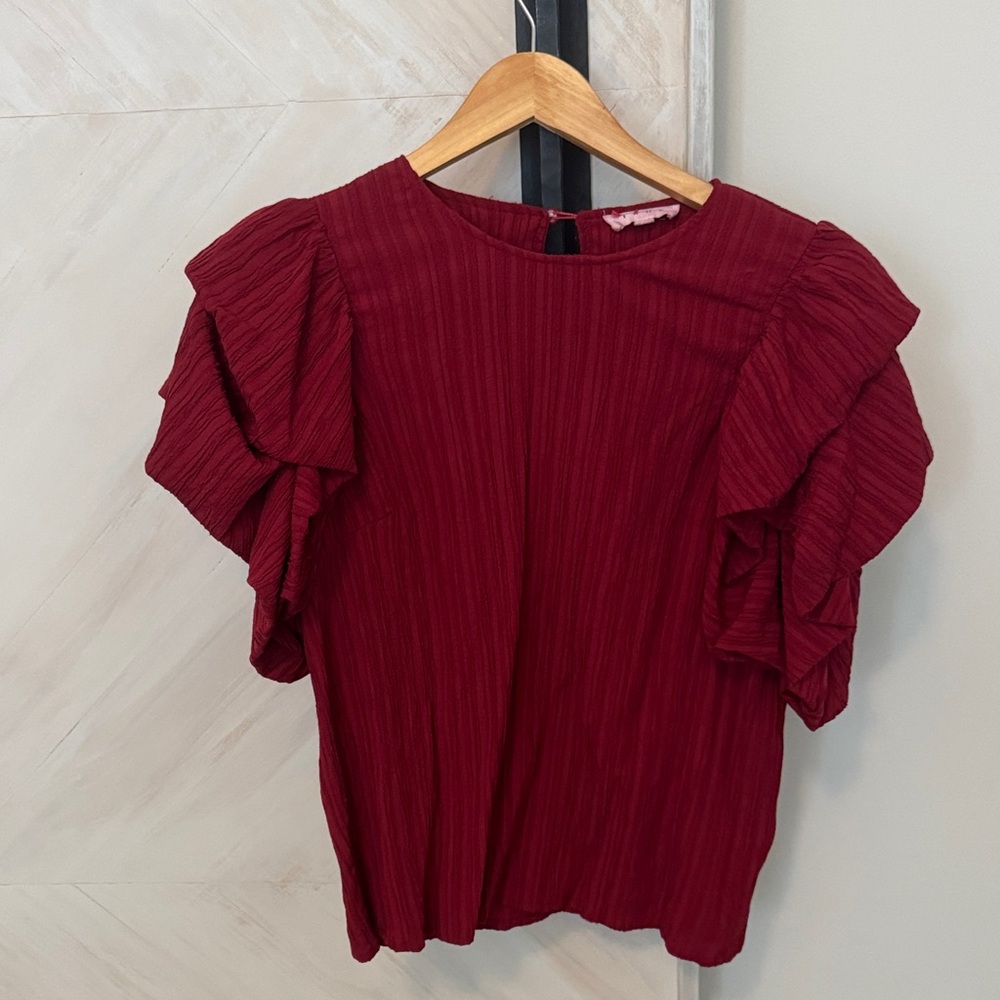 THML Chic Burgundy Ruffle Sleeve Blouse